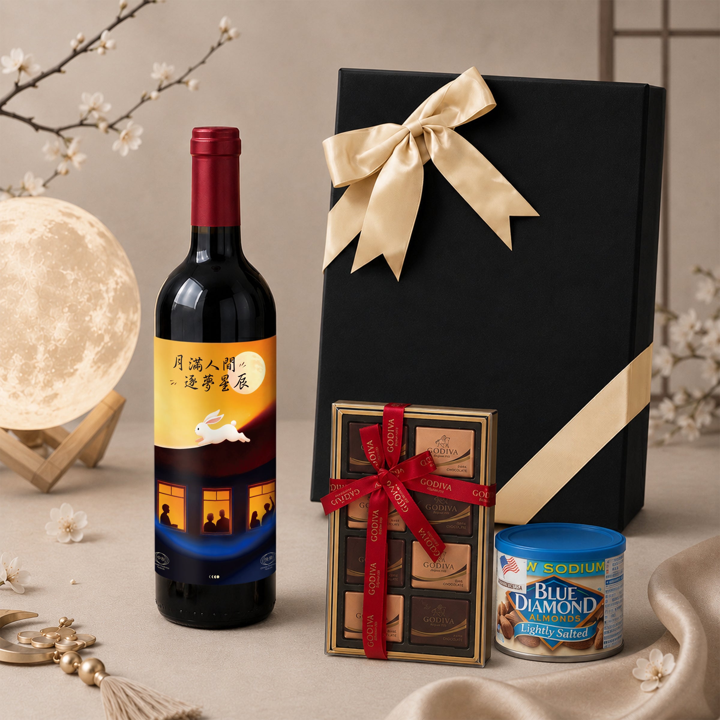 Mid-Autumn Festival Red Wine Surprise Gift Box – A curated hamper featuring snacks and personalized red wine. An ideal, thoughtful gift for clients, relatives, friends, and elders