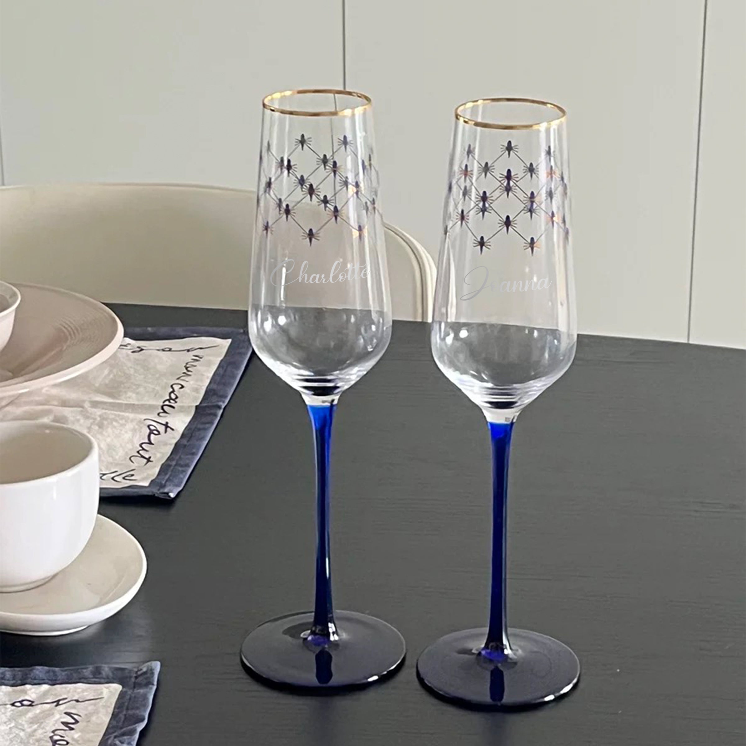 Russian LOMONOSOV blue pattern champagne glass (engraved gift) engraved customized gift birthday gift exchange gift couple gift celebration gift