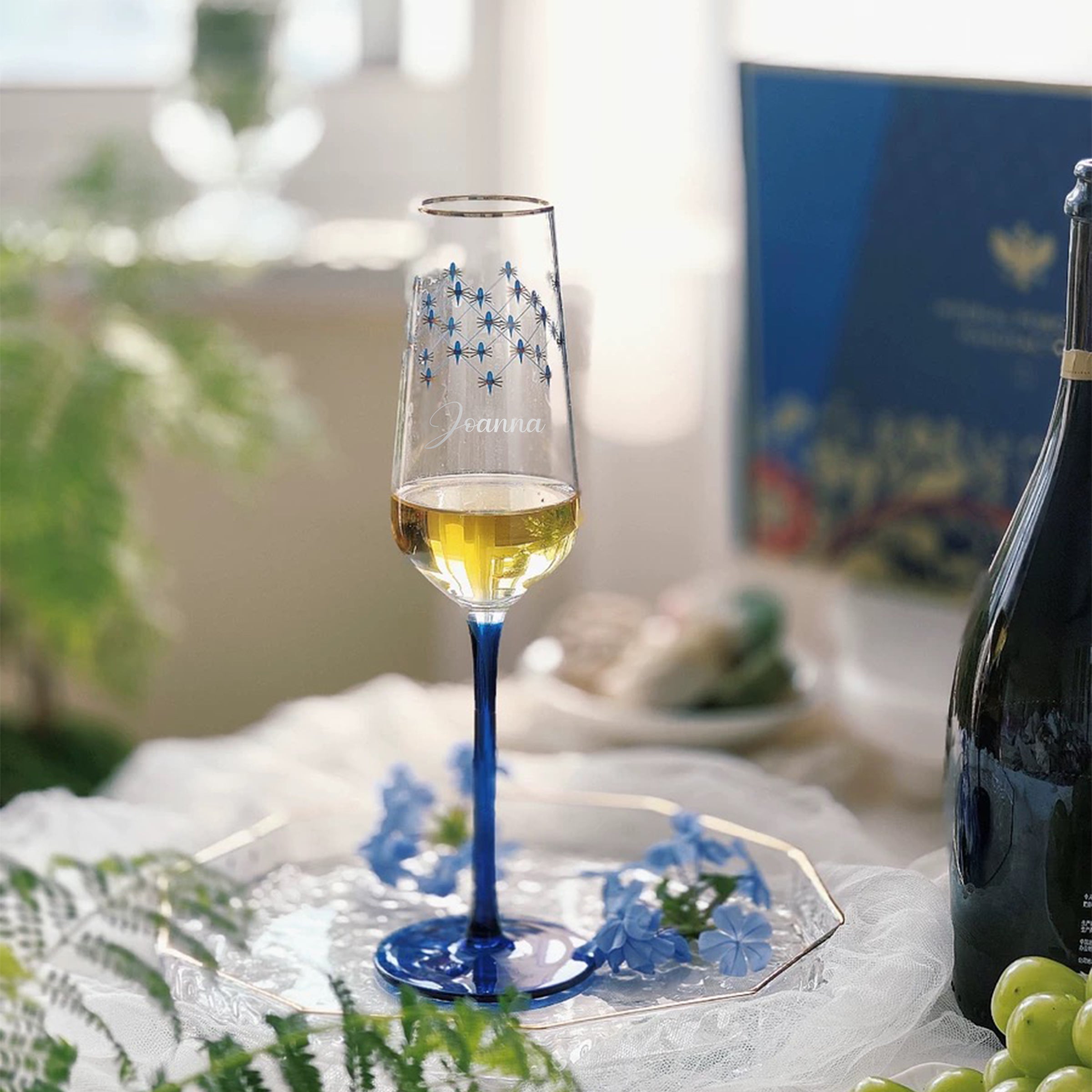 Russian LOMONOSOV blue pattern champagne glass (engraved gift) engraved customized gift birthday gift exchange gift couple gift celebration gift