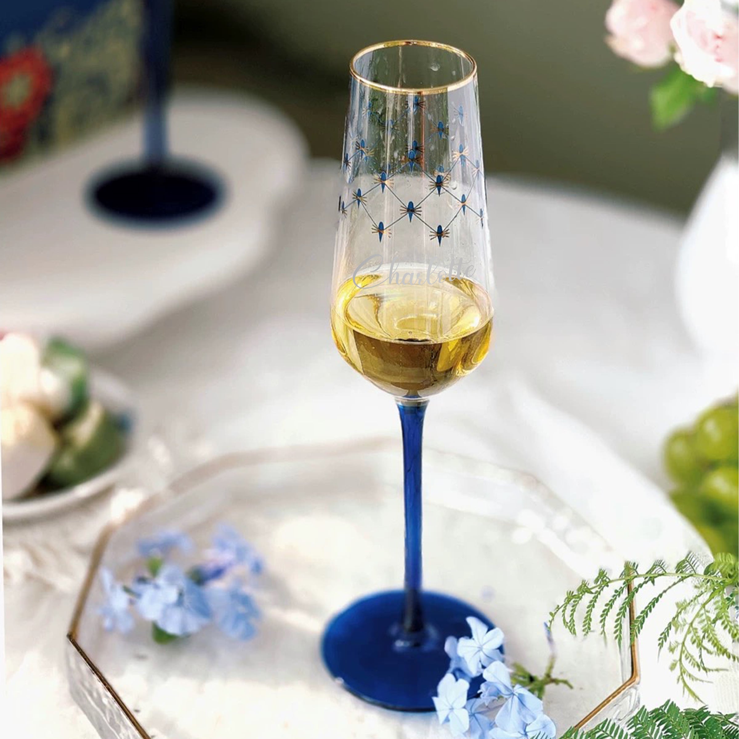 Russian LOMONOSOV blue pattern champagne glass (engraved gift) engraved customized gift birthday gift exchange gift couple gift celebration gift