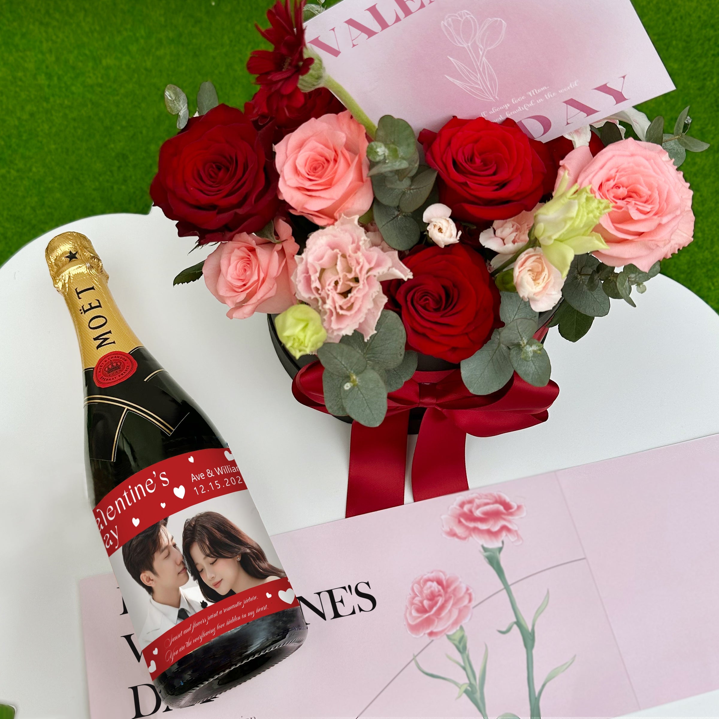 Valentine's Day Gift Box | Elegant Rose Box with Custom Moët Champagne Gift Basket Romantic Flower Gift for Valentine's Day - Perfect for Your Wife DY05-59