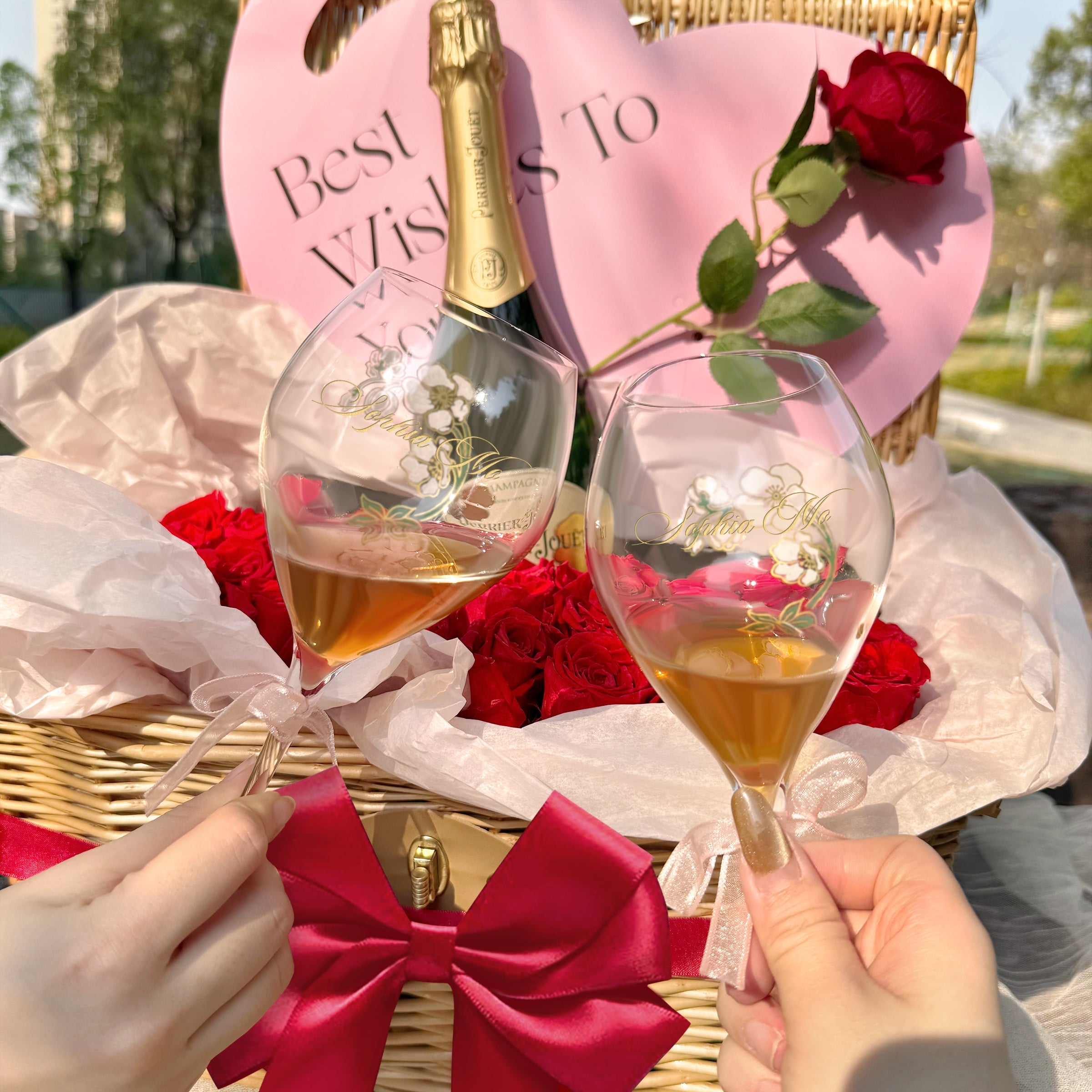 Mother's Day Champagne Gift Basket - Perrier-Jouët Champagne with Custom Portrait, Personalized Text, and Preserved Flower Arrangement. A Exclusive Romantic Gift to Thank Mother's Love Preserved Flowers Gift Basket DY05-63