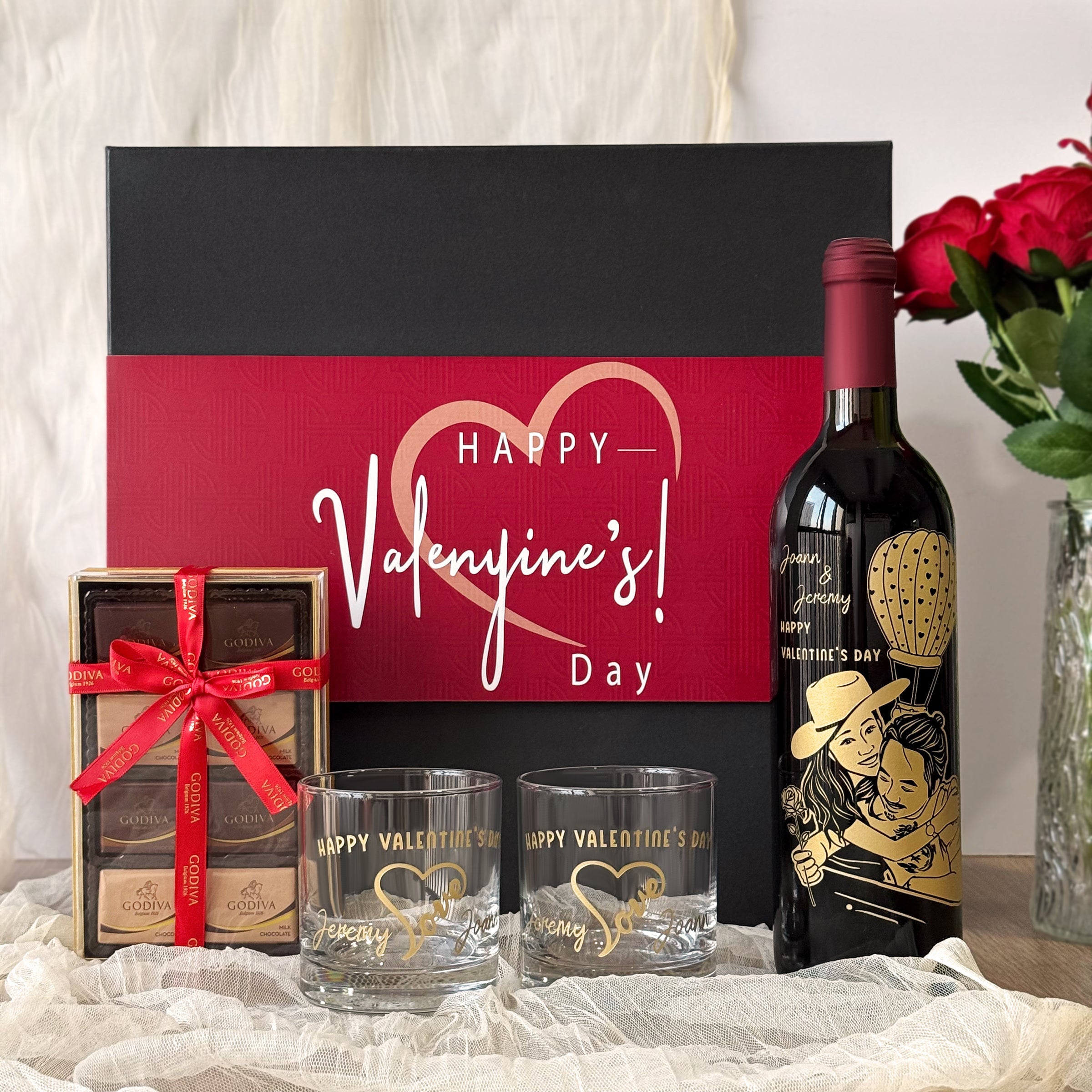 Valentine's Day Gift Set - Red Wine Engraving Gift (Customized) with 2-Person Portrait Engraving, Customized Wine Glasses, Romantic Portrait Customization, Qixi Anniversary Gift for Girlfriend/Wife - DY05-59