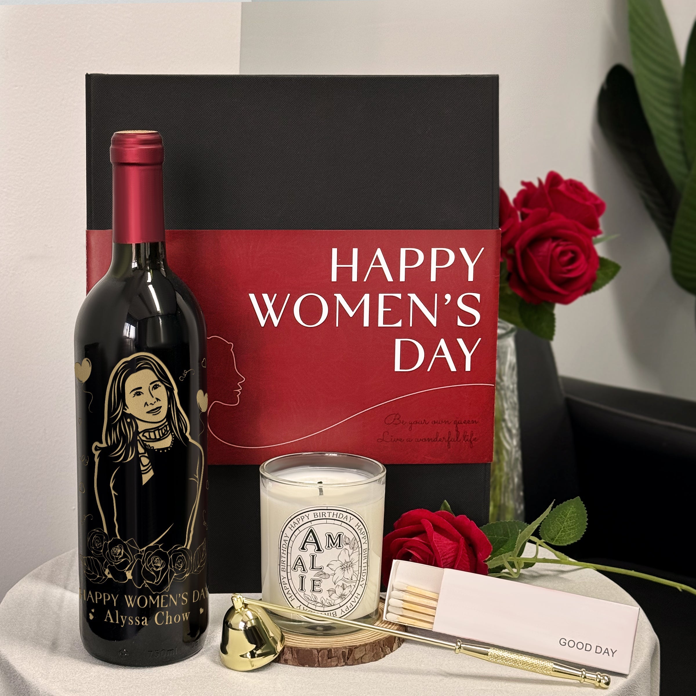 International Women's Day Gift Recommendation Customized portrait red wine gift box Aromatherapy candle sticker Customized name set Elegant and high-end gift for girls Birthday surprise customized gift Red wine aromatherapy gift set DY05-62