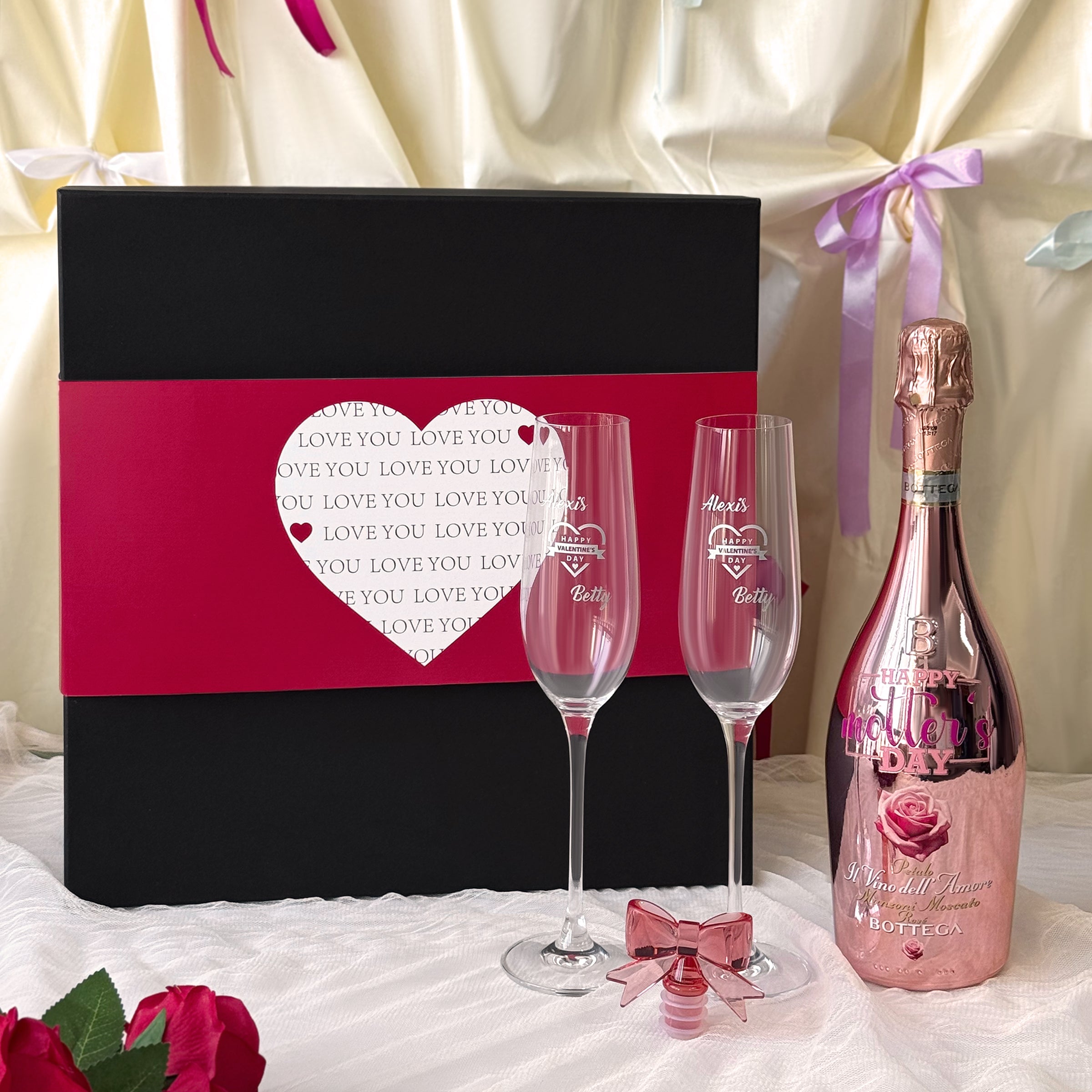 Valentine's Day Gift | Bottega Manzoni Moscato Rosé 3D Rose Champagne Glass Gift Set | Couple's Anniversary Gift | Romantic Celebration Gift for Sisters | DY05-59