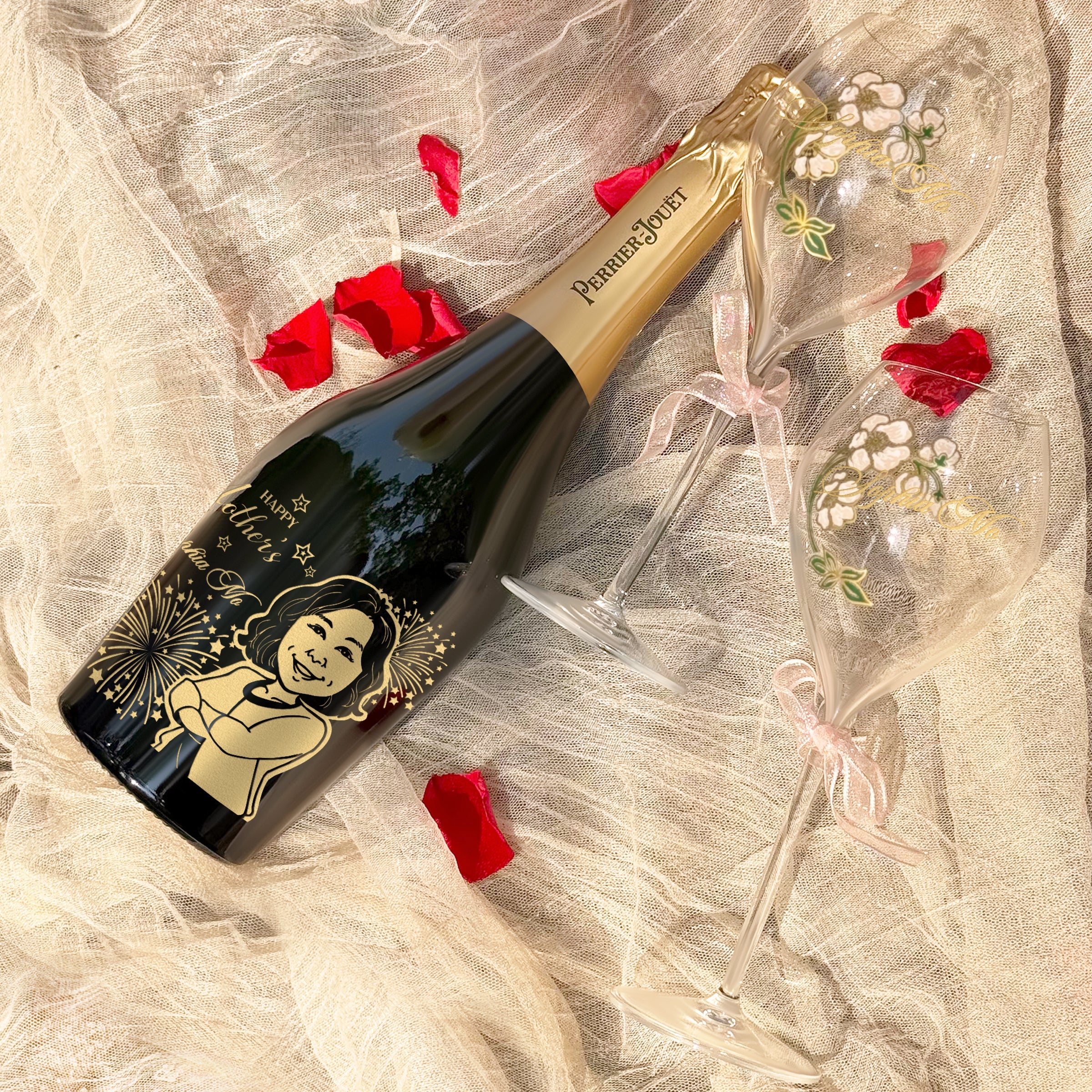 Mother's Day Champagne Gift Basket - Perrier-Jouët Champagne with Custom Portrait, Personalized Text, and Preserved Flower Arrangement. A Exclusive Romantic Gift to Thank Mother's Love Preserved Flowers Gift Basket DY05-63
