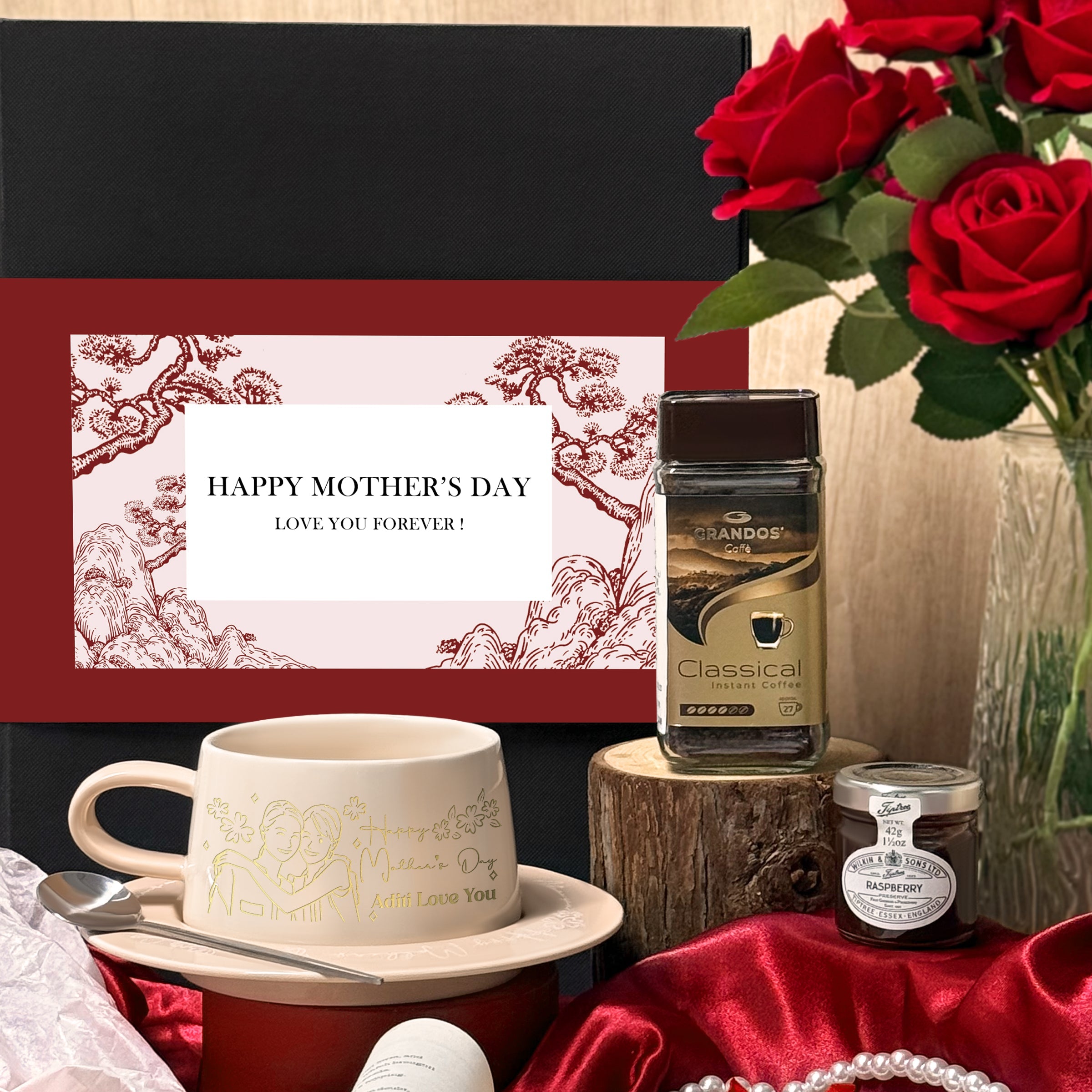 Limited Edition Mother's Day Pink Tea Set Gift Box - Custom Portrait Teacup & Personalized Text Plate with Coffee Jam, Perfect Afternoon Tea Set in Elegant Gift Packaging Mother's Day Teacup Portrait Customized Gift DY05-64