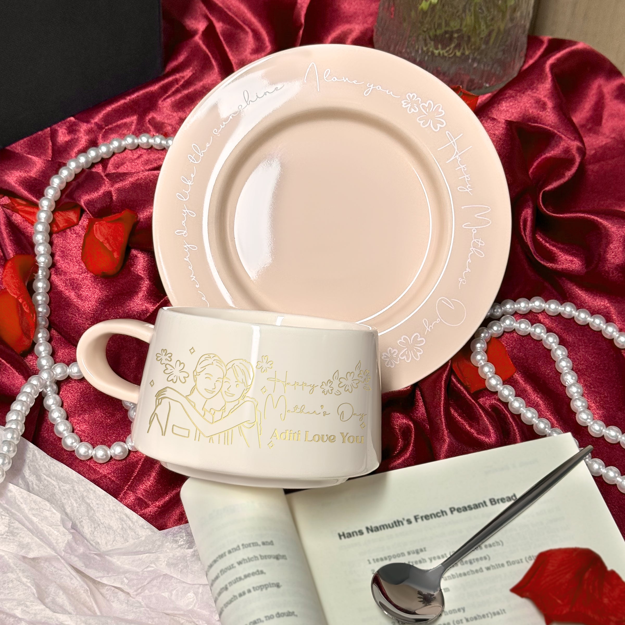 Limited Edition Mother's Day Pink Tea Set Gift Box - Custom Portrait Teacup & Personalized Text Plate with Coffee Jam, Perfect Afternoon Tea Set in Elegant Gift Packaging Mother's Day Teacup Portrait Customized Gift DY05-64