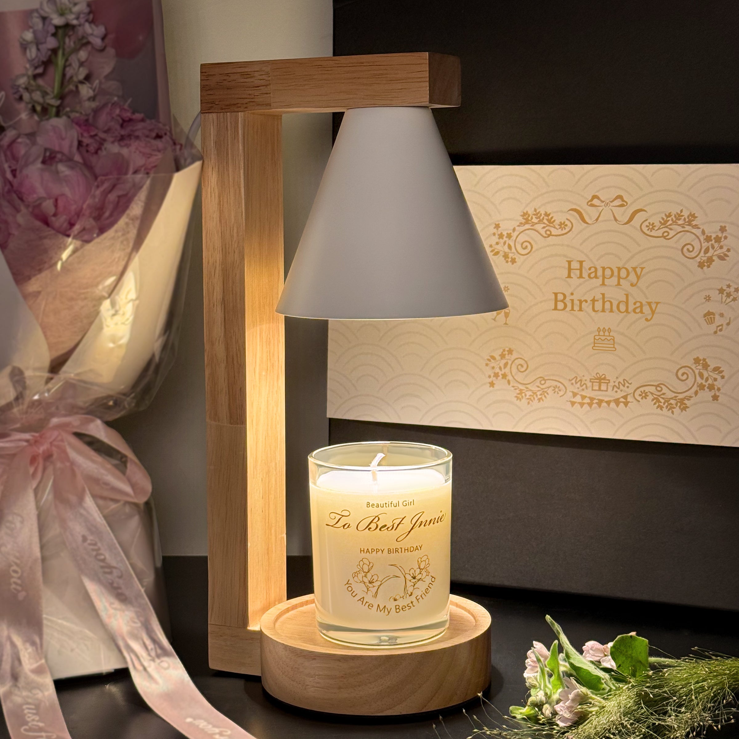 Birthday Gift Box丨Custom Scented Candle Personalized engraved blessings Wooden candle warming lamp Ideal for girlfriend/colleagues - a soothing & practical gift for mind & body DY01-416