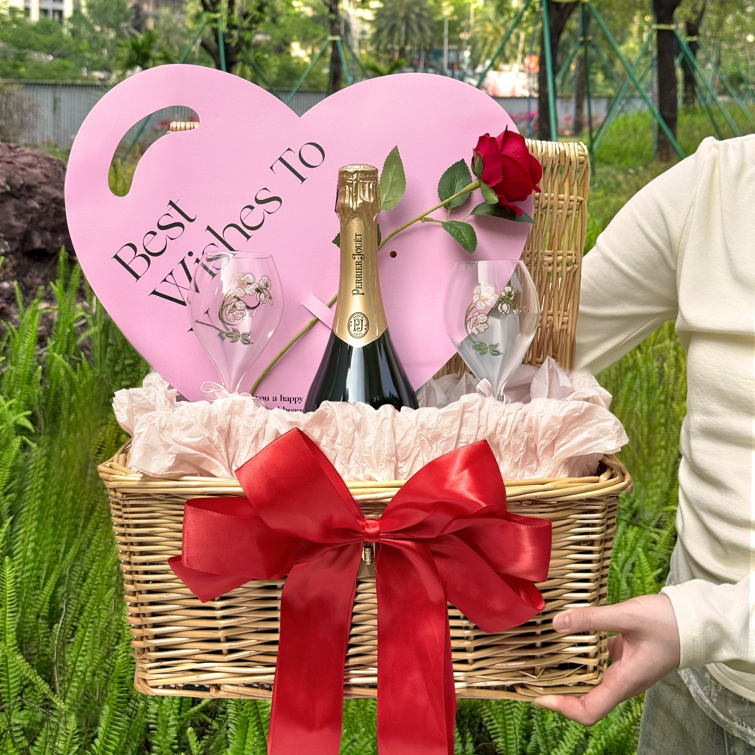 Mother's Day Champagne Gift Basket - Perrier-Jouët Champagne with Custom Portrait, Personalized Text, and Preserved Flower Arrangement. A Exclusive Romantic Gift to Thank Mother's Love Preserved Flowers Gift Basket DY05-63