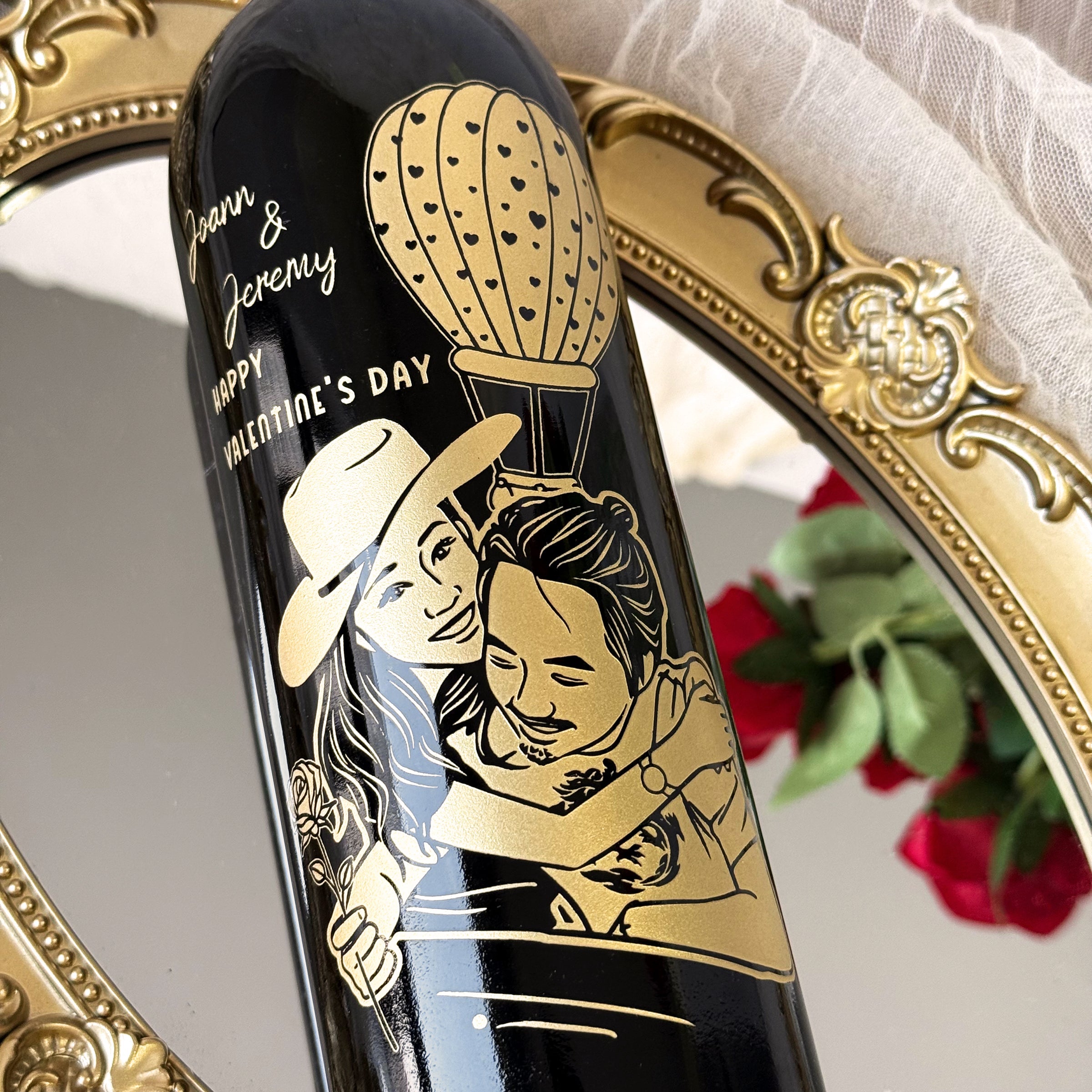 Valentine's Day Gift Set - Red Wine Engraving Gift (Customized) with 2-Person Portrait Engraving, Customized Wine Glasses, Romantic Portrait Customization, Qixi Anniversary Gift for Girlfriend/Wife - DY05-59