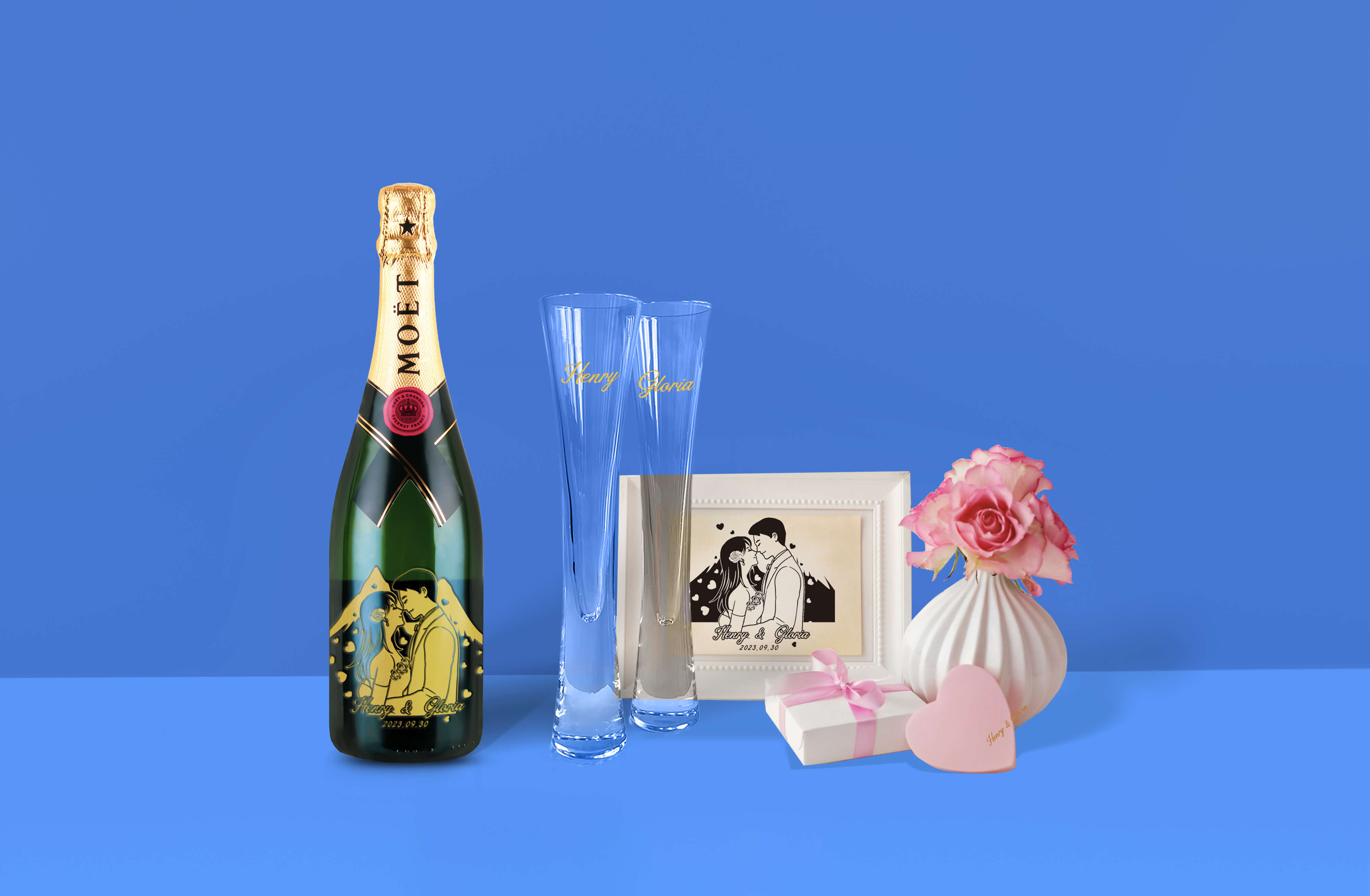 Two cups in a single bottle|Moet & Chandon X Lsa Champagne Glasses Wedding Gift Couple Gift (Portrait Engraving)