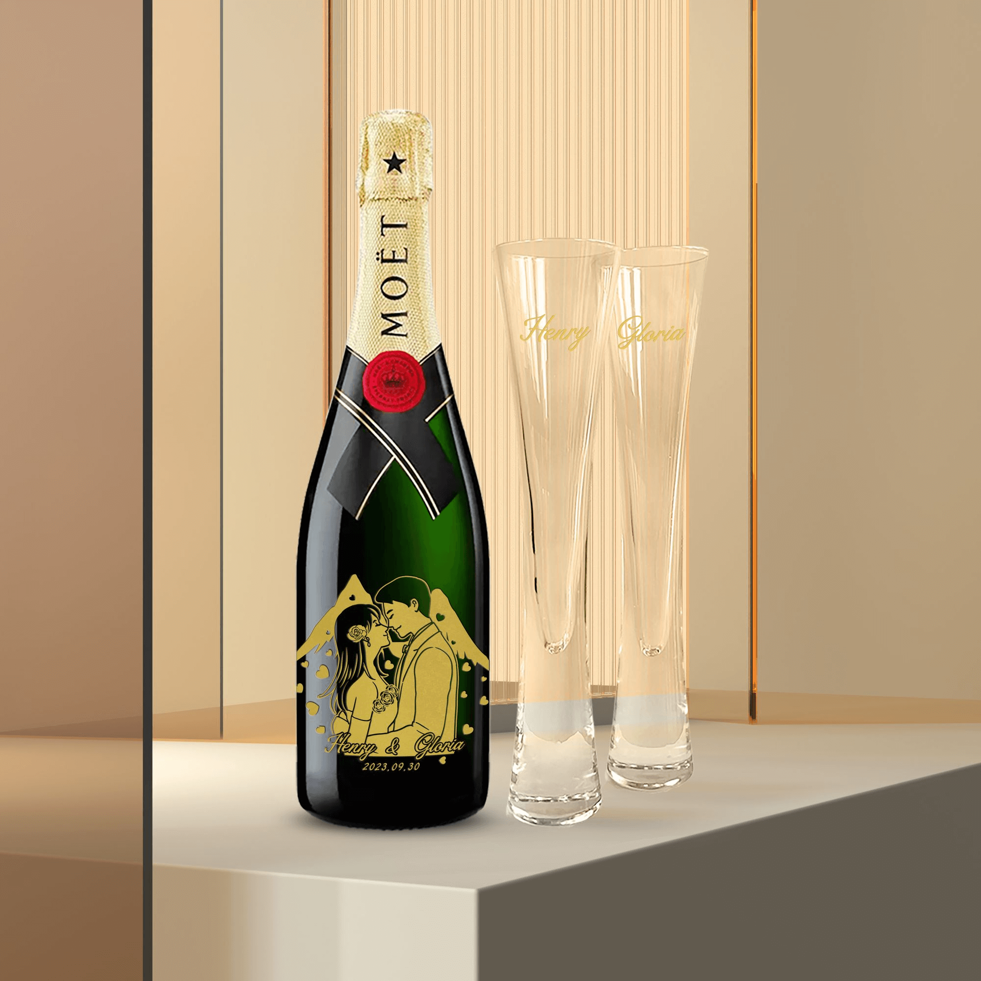 Two cups in a single bottle|Moet & Chandon X Lsa Champagne Glasses Wedding Gift Couple Gift (Portrait Engraving)
