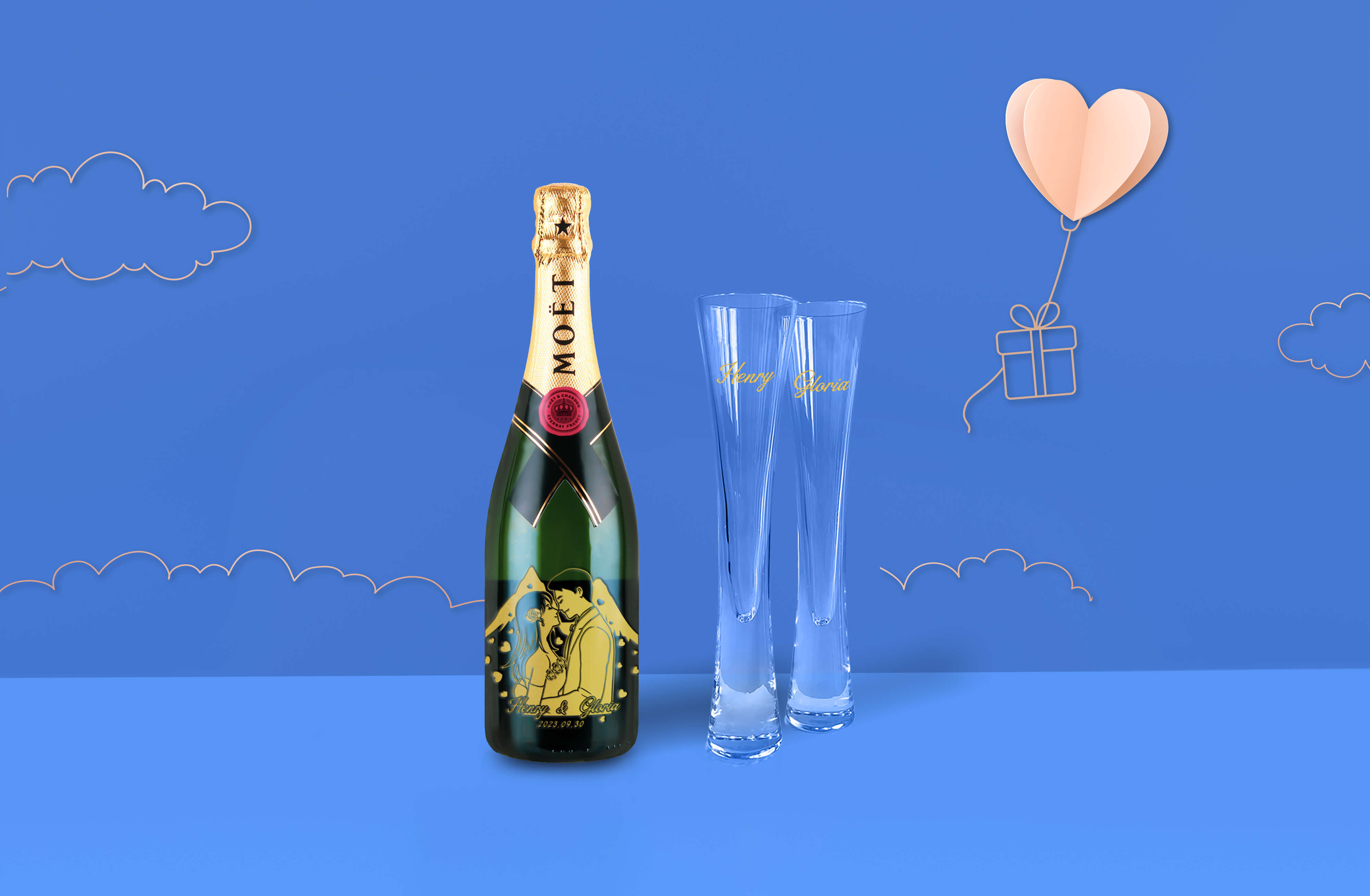 Two cups in a single bottle|Moet & Chandon X Lsa Champagne Glasses Wedding Gift Couple Gift (Portrait Engraving)
