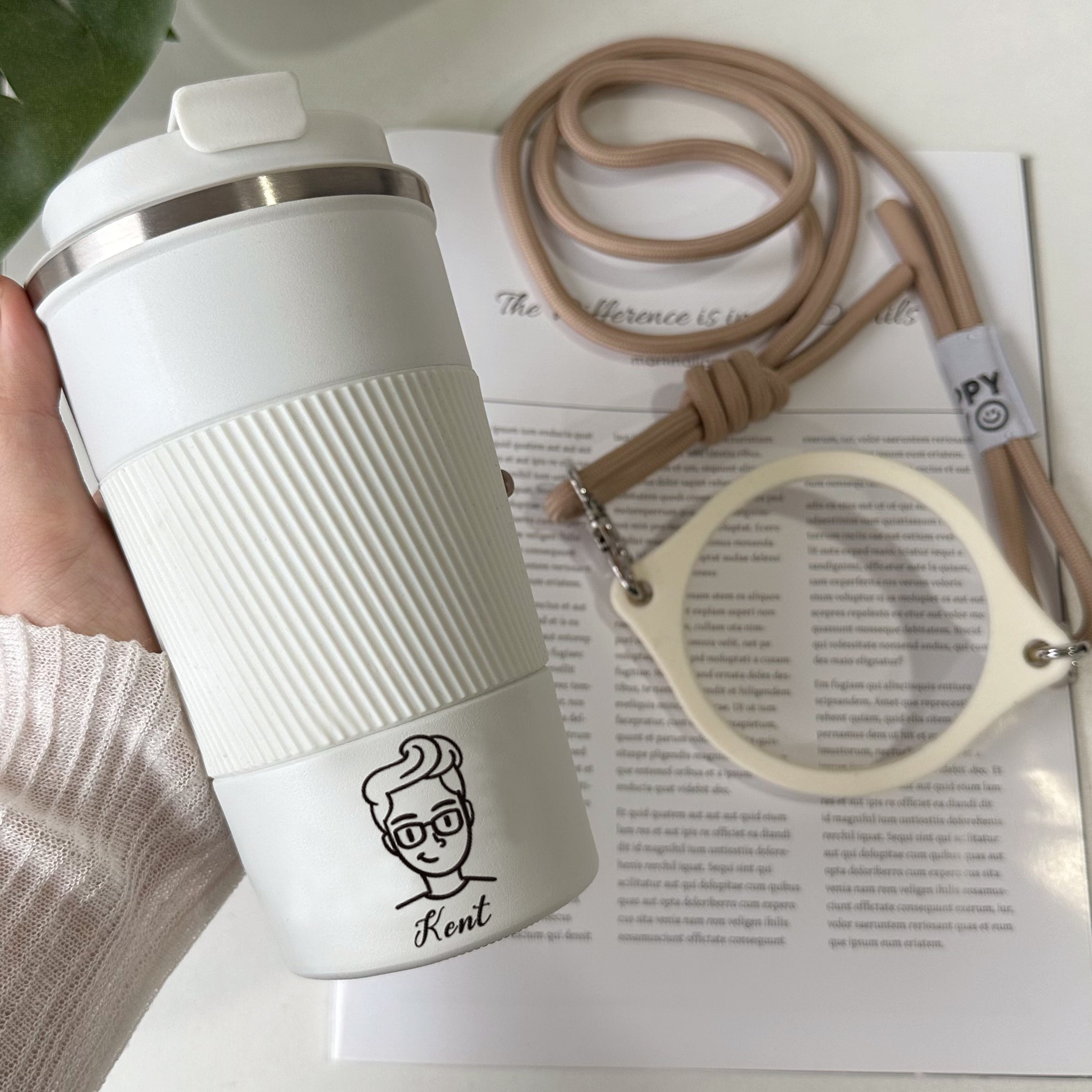 [Cartoon avatar] Engraved and customized travel insulated cup (including silicone lanyard) Birthday gift Graduation creative gift Customized portable travel gift set DY01-362