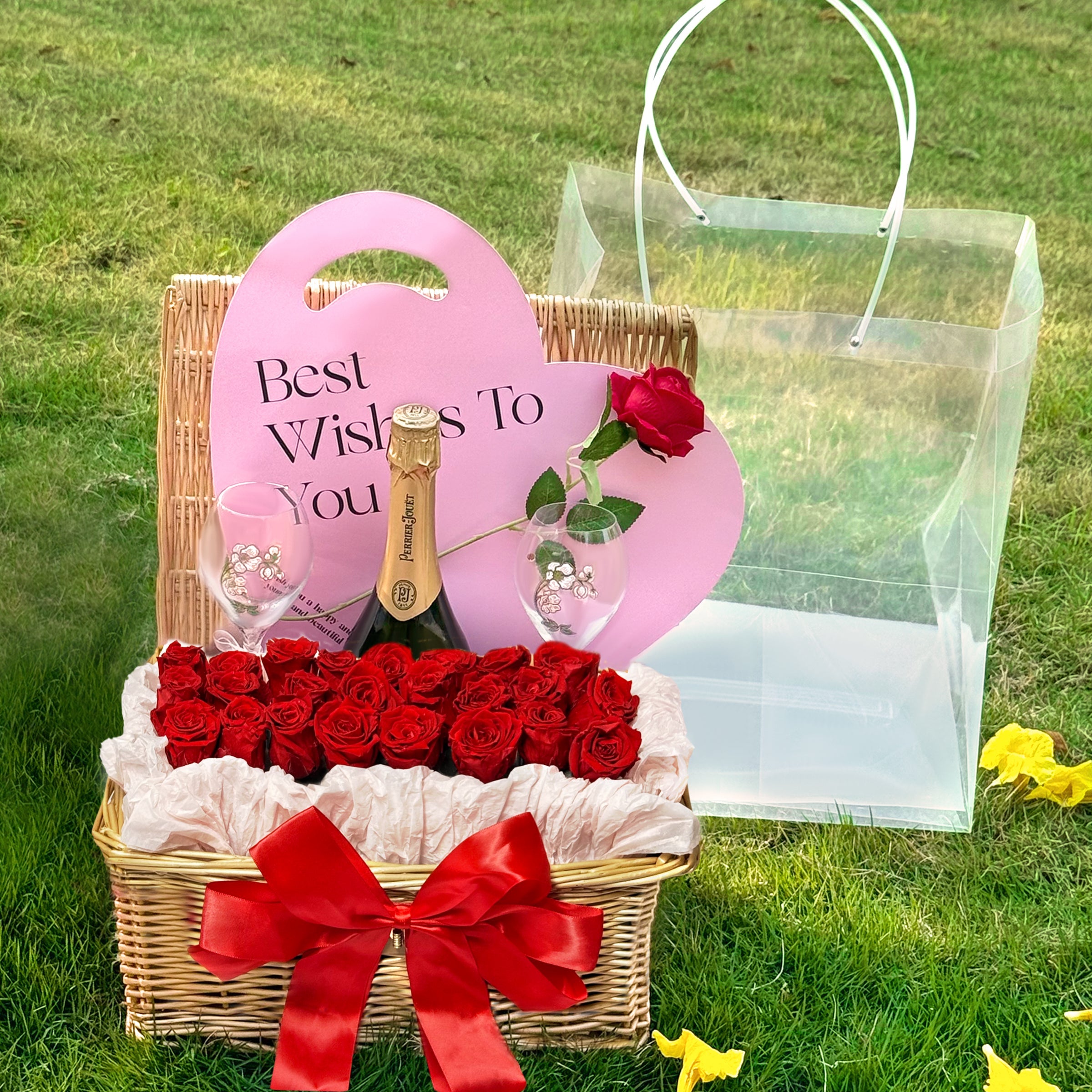 Mother's Day Champagne Gift Basket - Perrier-Jouët Champagne with Custom Portrait, Personalized Text, and Preserved Flower Arrangement. A Exclusive Romantic Gift to Thank Mother's Love Preserved Flowers Gift Basket DY05-63