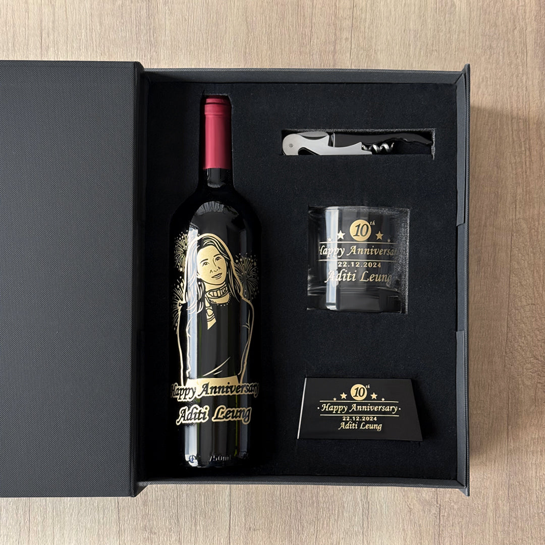 Employee Anniversary Gift: 2019 Le Marquis de Calon Ségur Red Wine and Glasses Set (with Custom Text and Portrait Engraving) Award Recognition Gift Box | Premium Corporate Business Gifts for Employees, Clients, and Partners | DY04-283
