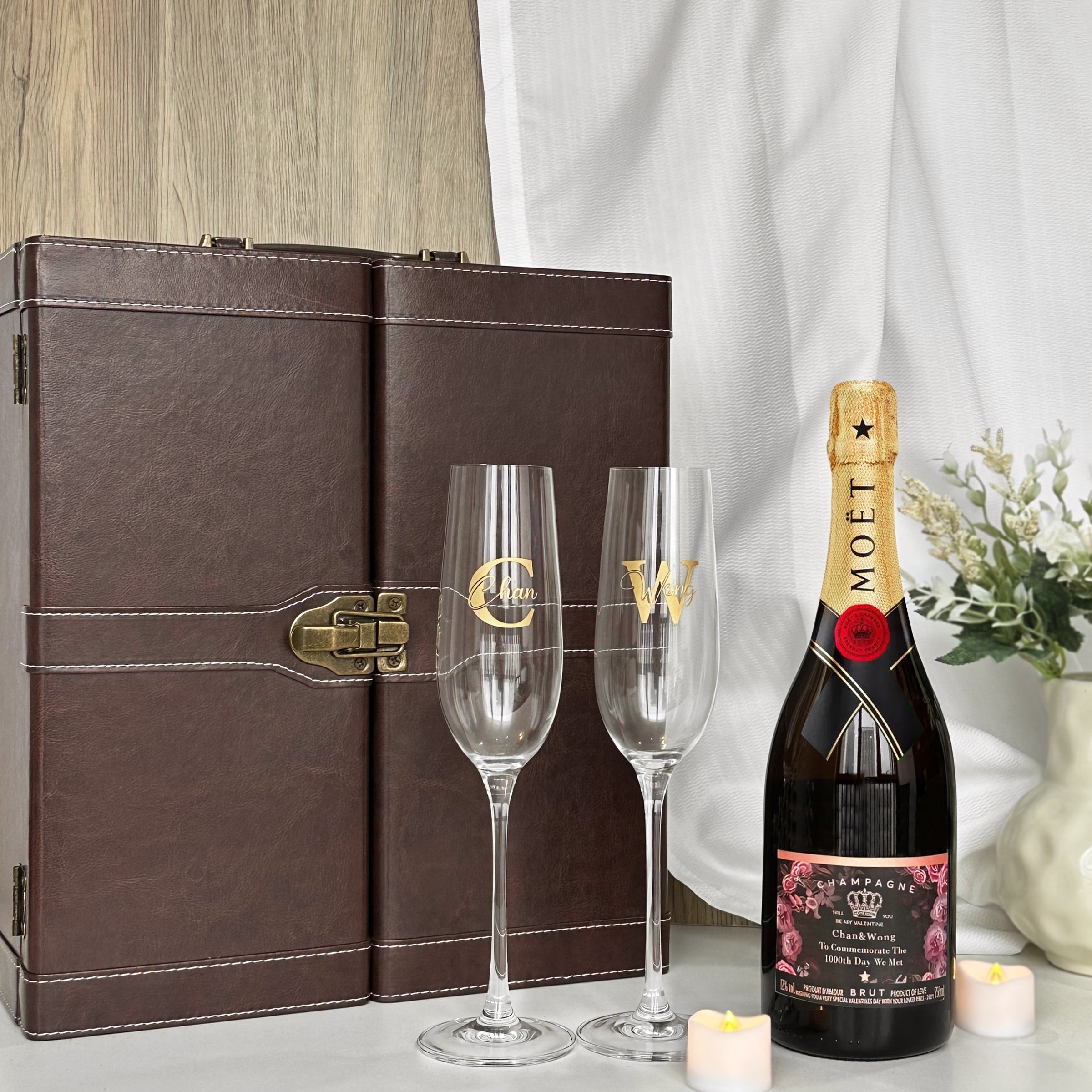 Wine label customization｜Moët &Chandon Champagne and matching glass gift box, champagne glass text engraving, anniversary congratulations, wedding celebration gift, company gift must-have, gift for girlfriend DY01-364