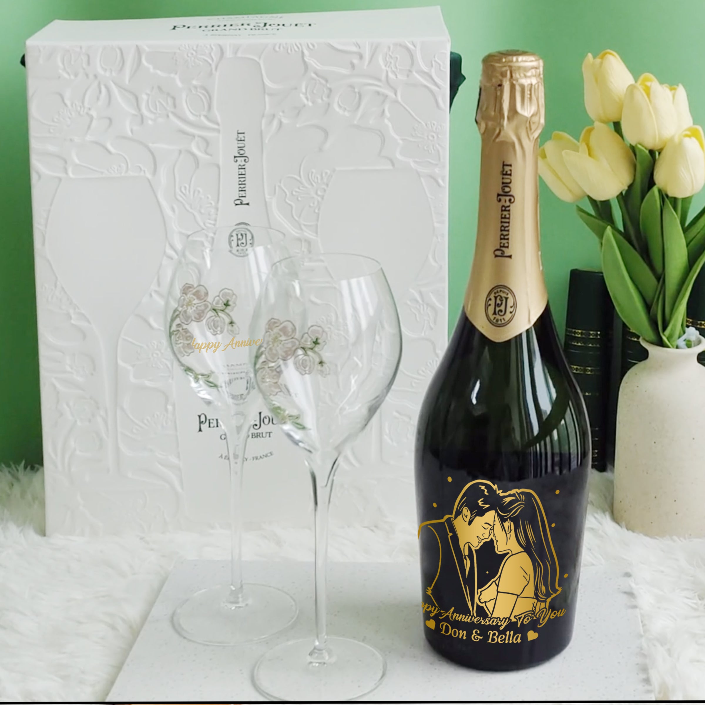 [Customized Gift] Perrier-Jouët Grand Brut Set Anniversary Gift Couple Gift (Portrait Engraving)