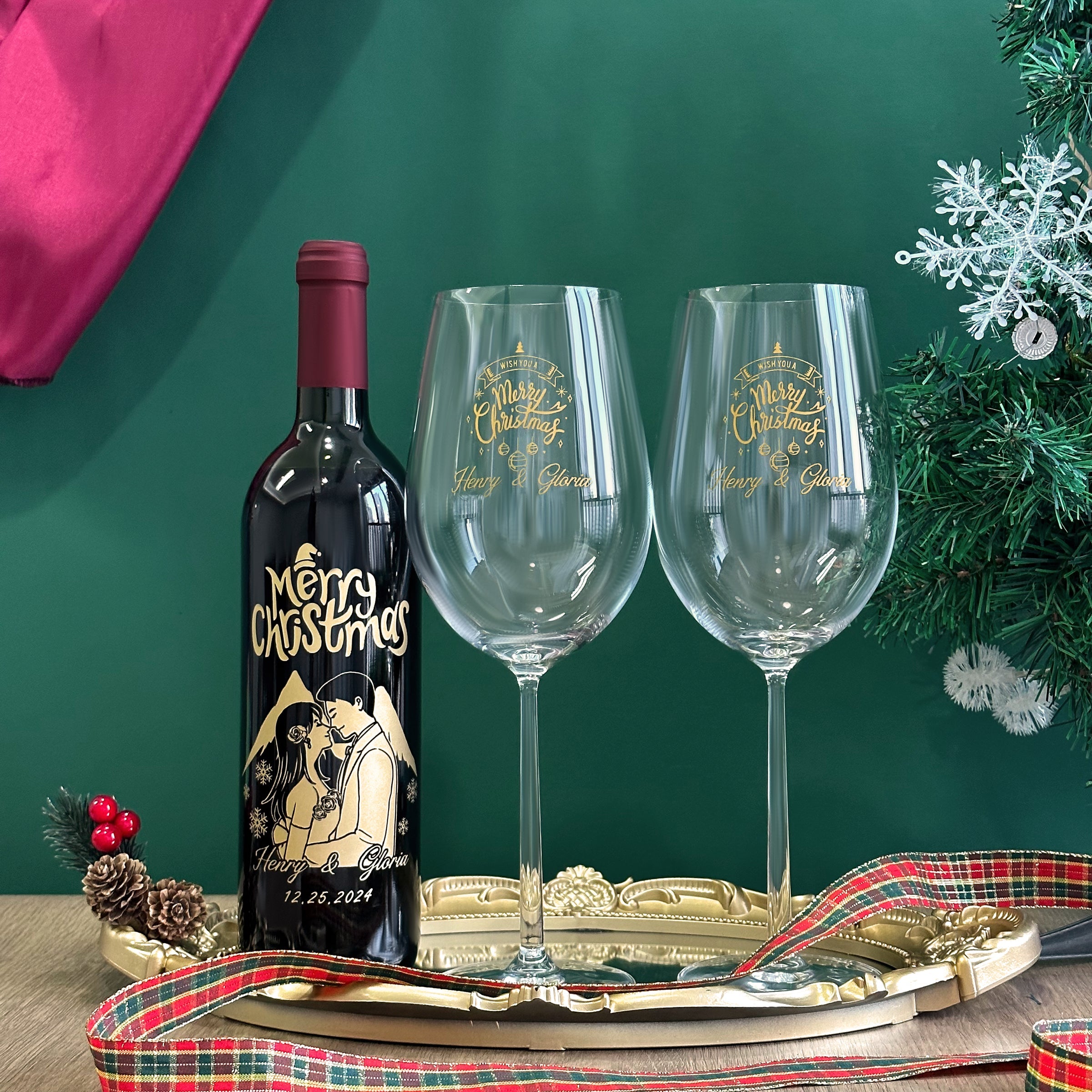 【Portrait Engraving】2024 Christmas Wine Gift Box French Red Wine with Wine Glass Set Customizable Wine Glass Text Engraving Christmas Celebration Gift Personalized Portrait Engraving Couple Gift Customized Christmas Wine Set DY05-55