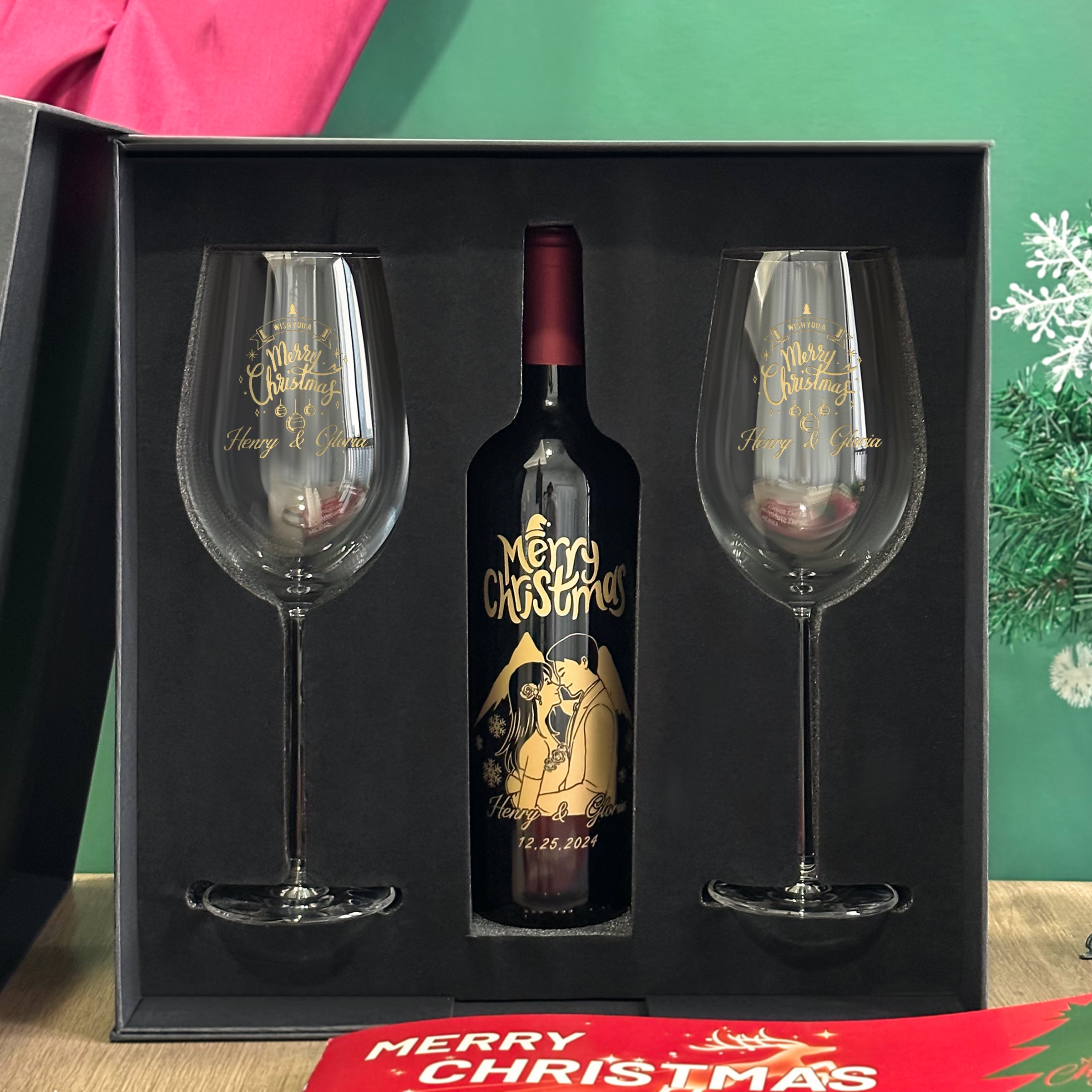【Portrait Engraving】2024 Christmas Wine Gift Box French Red Wine with Wine Glass Set Customizable Wine Glass Text Engraving Christmas Celebration Gift Personalized Portrait Engraving Couple Gift Customized Christmas Wine Set DY05-55