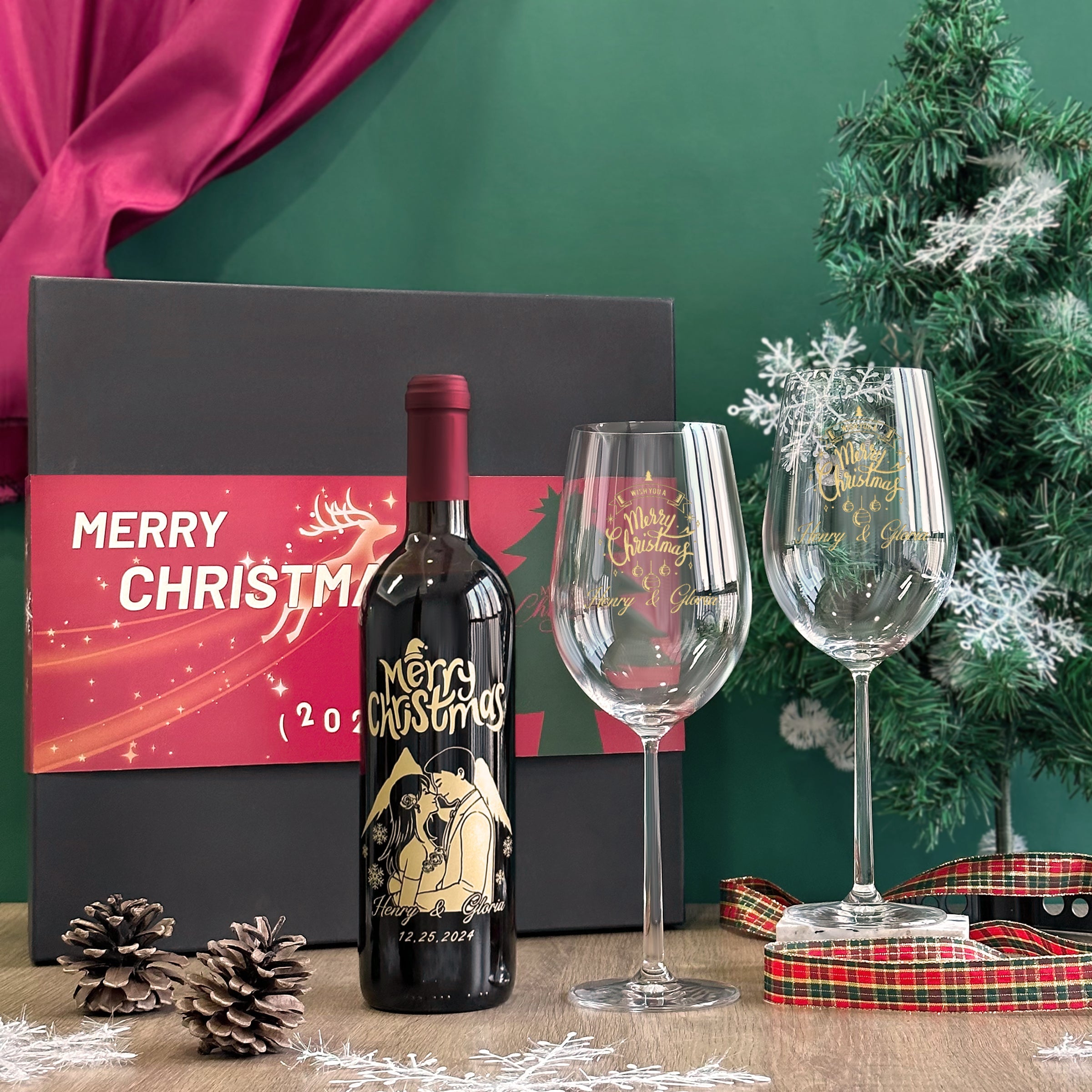 【Portrait Engraving】2024 Christmas Wine Gift Box French Red Wine with Wine Glass Set Customizable Wine Glass Text Engraving Christmas Celebration Gift Personalized Portrait Engraving Couple Gift Customized Christmas Wine Set DY05-55