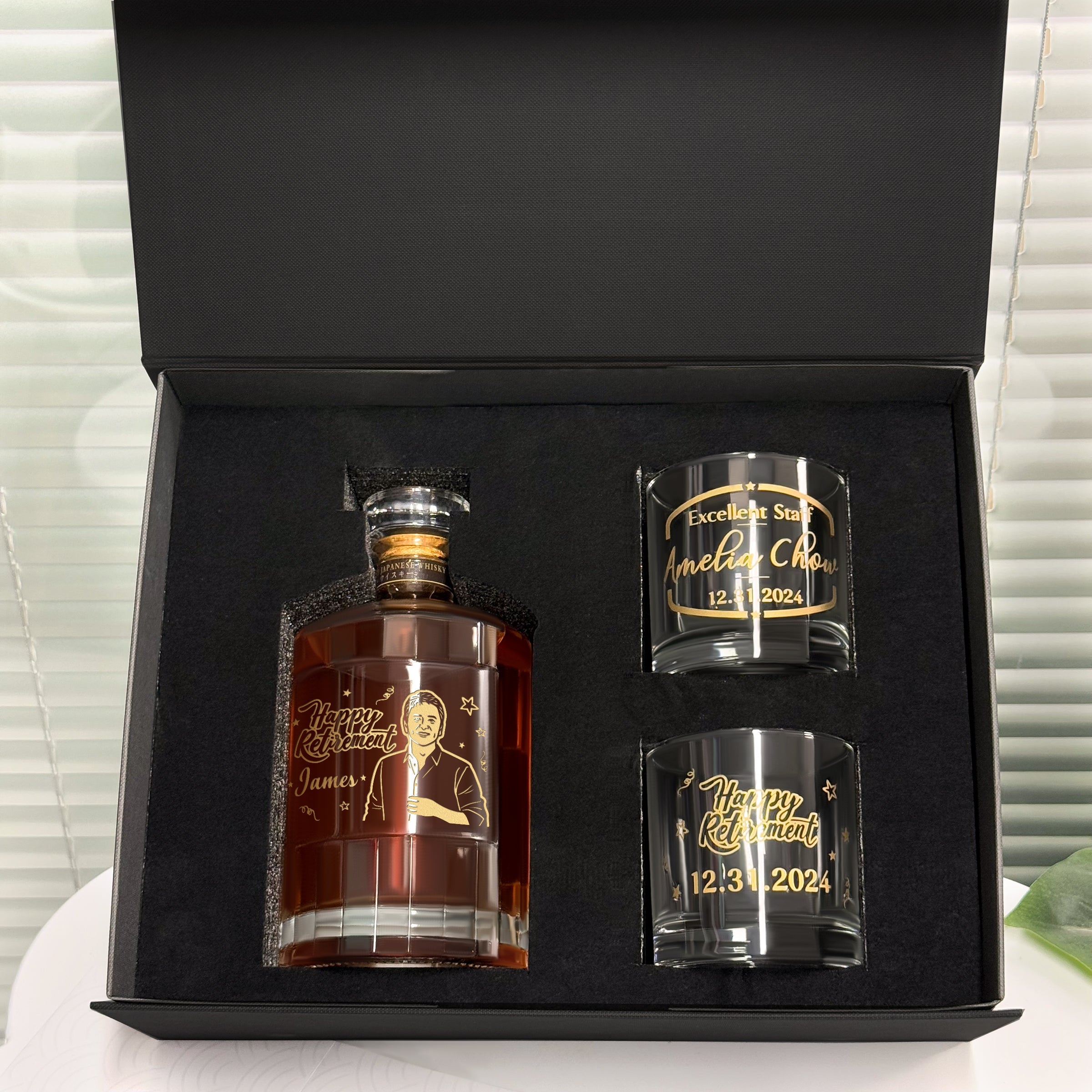 Retirement Gift Whisky Gift Set | Portrait Engraving Custom Japanese Harmony Whisky & Bottega Whisky Glass Set Commemorative Gift High-End Congratulations DY04-286