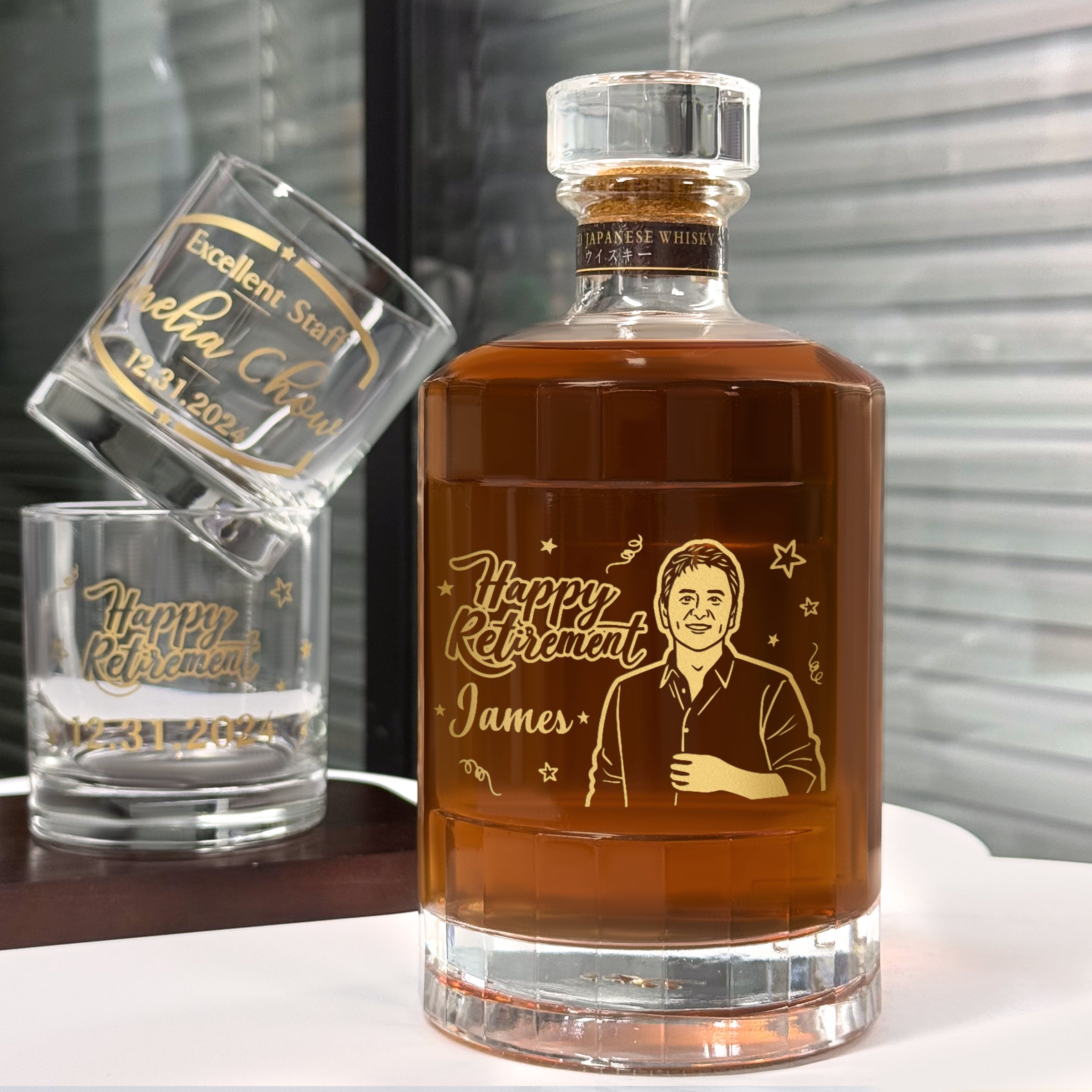 Retirement Gift Whisky Gift Set | Portrait Engraving Custom Japanese Harmony Whisky & Bottega Whisky Glass Set Commemorative Gift High-End Congratulations DY04-286