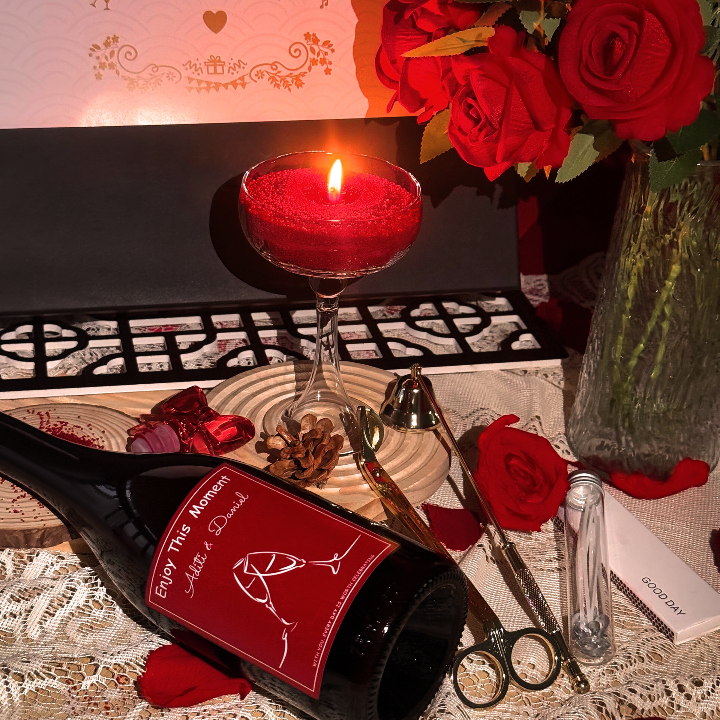 DIY Aromatherapy Gift Box - Customizable Name Engraving, Glitter Flow Wax Candle Set with Romantic Wine Label Personalization