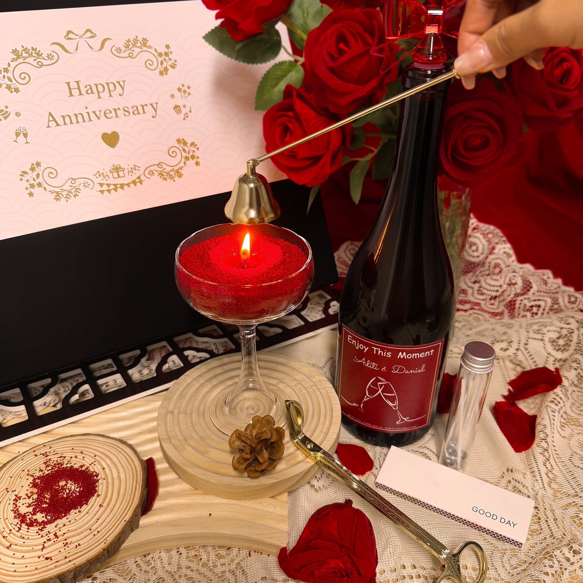DIY Aromatherapy Gift Box - Customizable Name Engraving, Glitter Flow Wax Candle Set with Romantic Wine Label Personalization