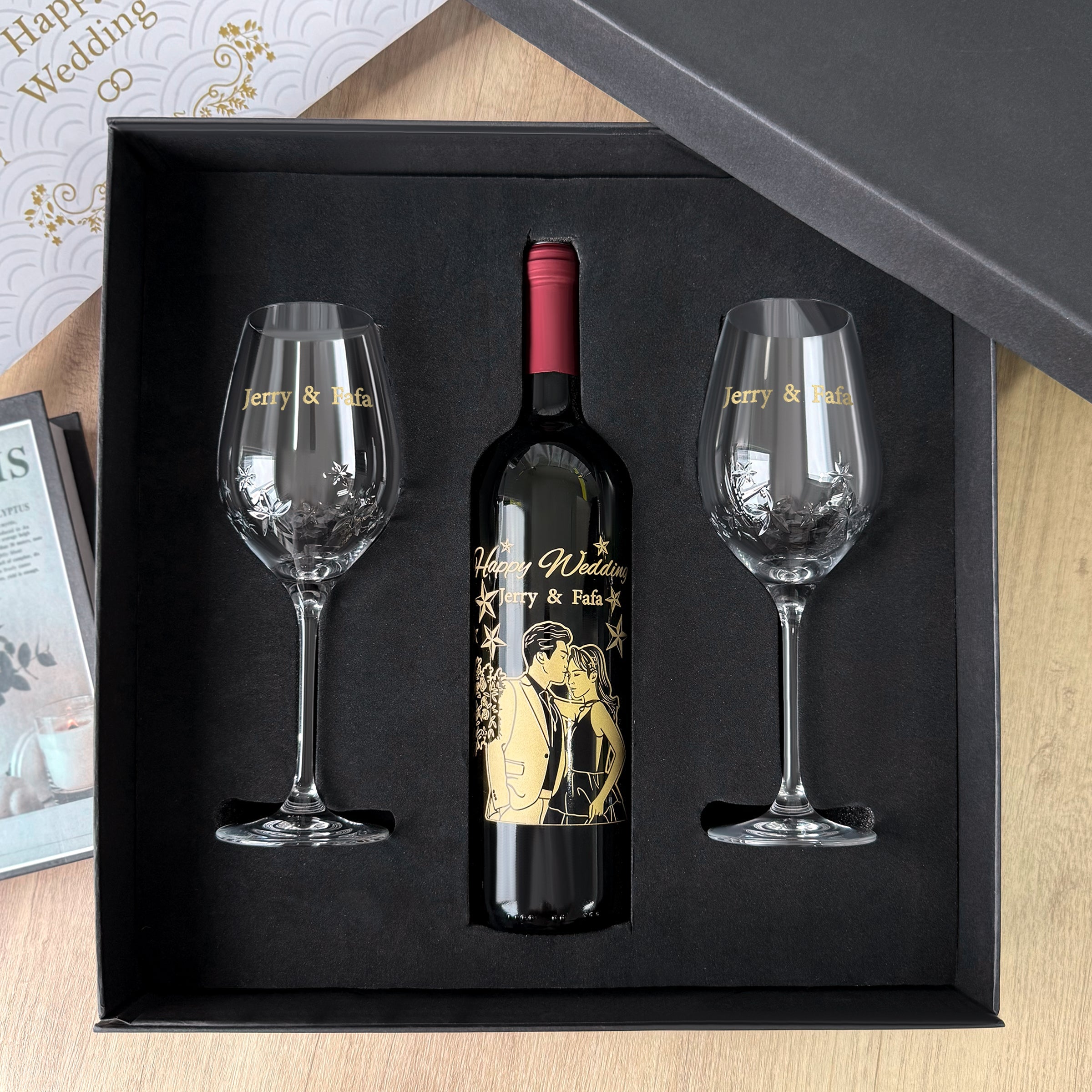 [Customized Wedding Gift] Starry Flower Pair of Glasses Portrait Engraved Red Wine Gift Box Customized Valentine's Day Gift, Wedding Gift for Newlyweds, Anniversary Gift for Groom and Bride, Congratulatory Gift Box Set, Creative Blessing Gift