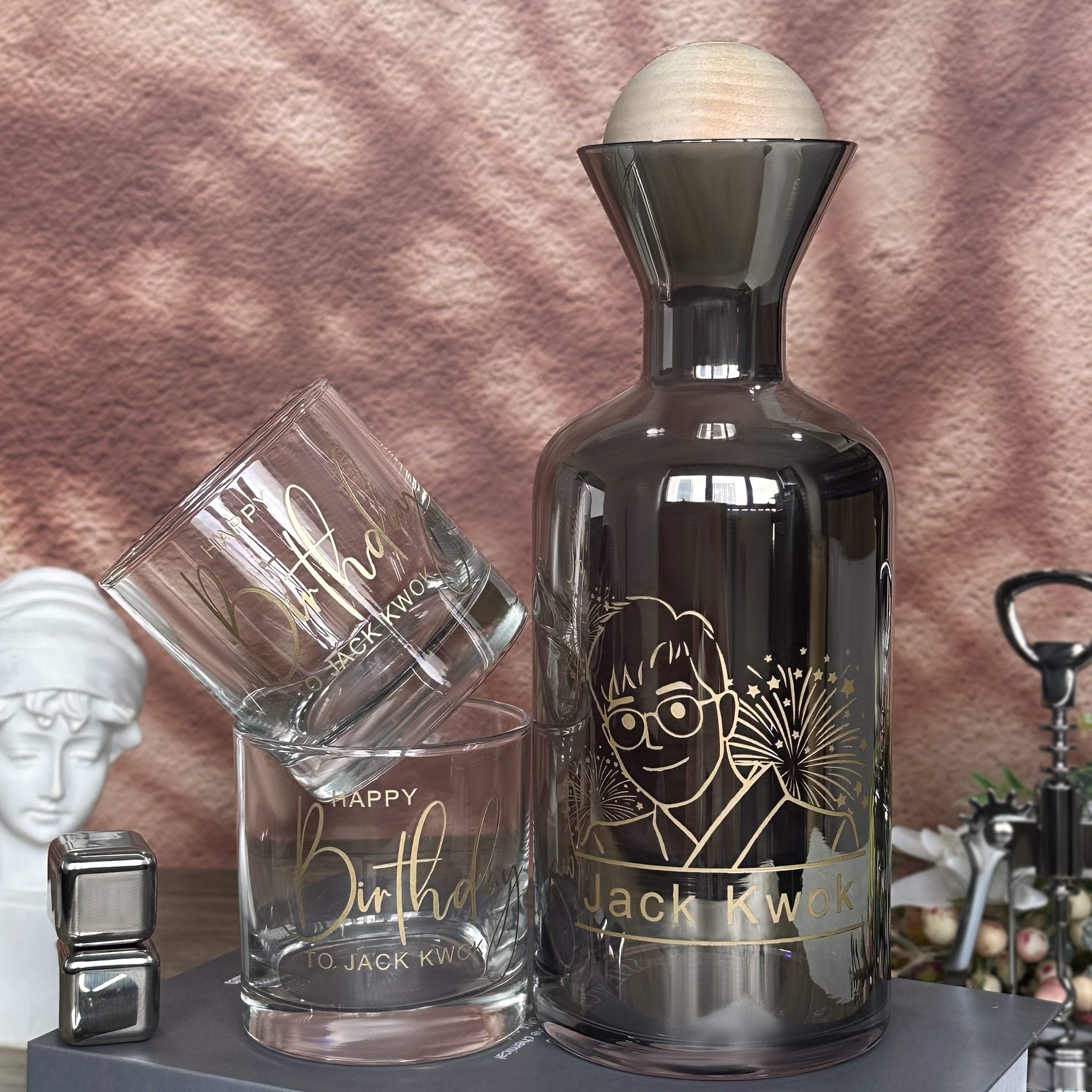 Customized birthday gift box, creative portrait engraving, blessing set, home cold kettle, decanter, name customization, business gifts, promotion and retirement birthday congratulations company--wine bottle set-DY04-275